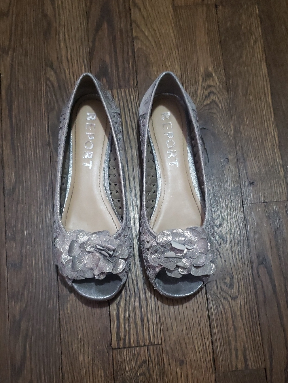Report Metallic Rose Gold Peep-Toe Flats with Floral Applique